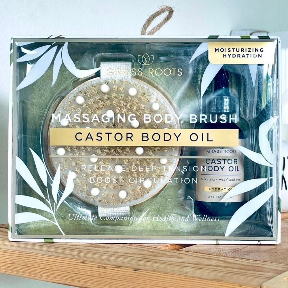 NWT GRASS ROOTS 2 Pc Massaging Body Brush & Castor Body Oil Cellulite Set